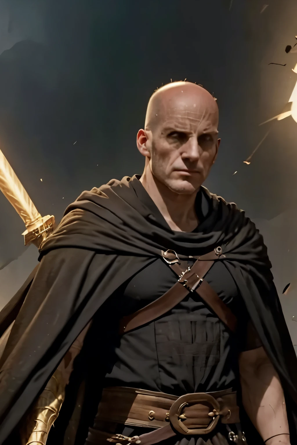 /imagine prompt: A bald man with a burn all over his head , no facial hair. He is wearing a massive cuirass and a black cloak . On his belt is a rapier and several . The background is neutral, pouches to highlight his frightening and powerful image. --v 5 --ar 16:9 --q 2