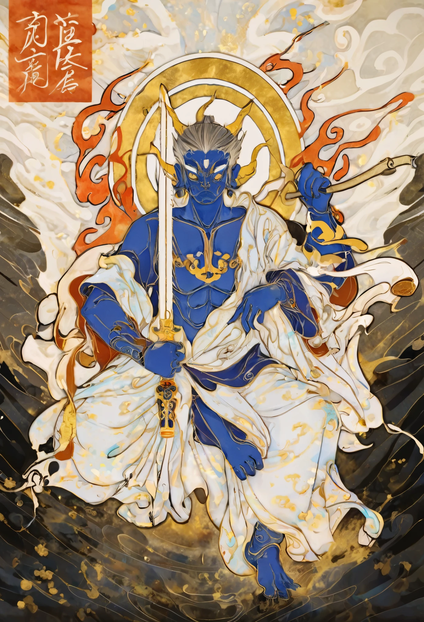 Close up view of demon painting 、 I have a sword,  Asura from Chinese mythology , Japanese God,   formal body pose inspired by male anime characters ,  It has a gold top 、 inspired by Kaigetsudo Yasutomo, A cartoon of a woman in a blue robe standing on a ,  Inspired by Tawaraya Sotatsu , They,  inspired by Ryusai Jokei