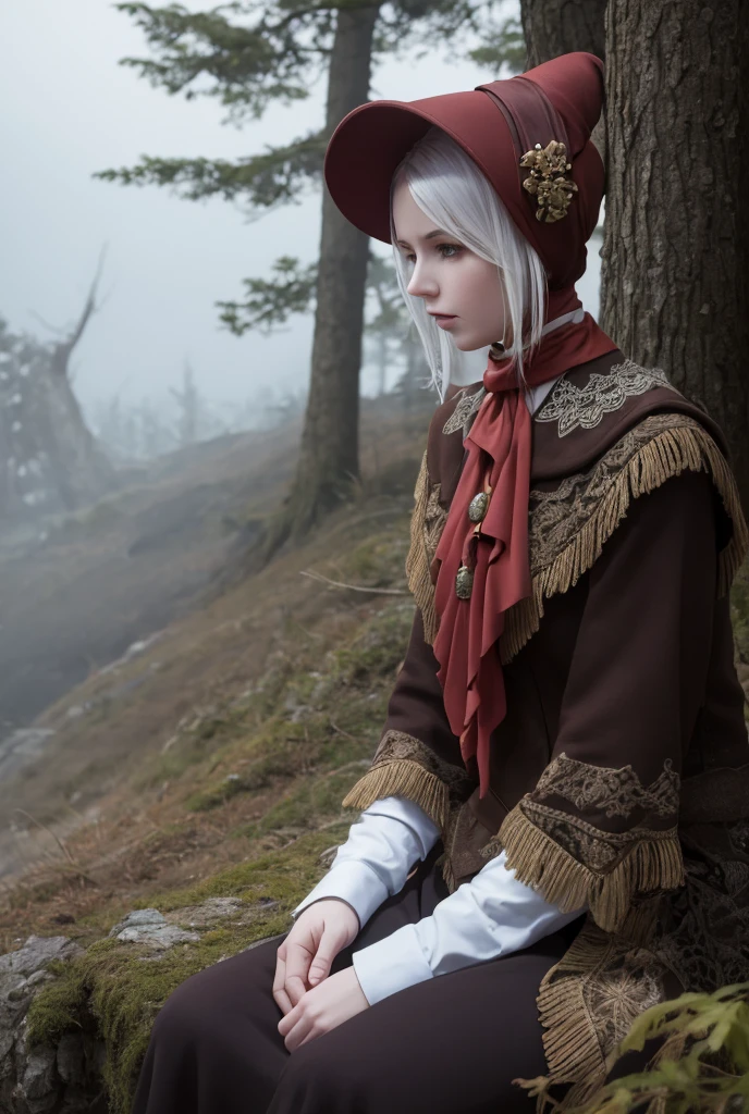 masterpiece,  Dark Fantasy,  Best quality , flat wrist ,  white hair,  wrist joints, bonnet , Brown coat,  long dress, Red Ascot, autumn, forest, fog, dead trees,  looking at the spectator, cowboy shot, hands together, without emotions, dull color, desaturado, Sitting in some ruins, dilapidated cabin in the background, Hunter's dream 