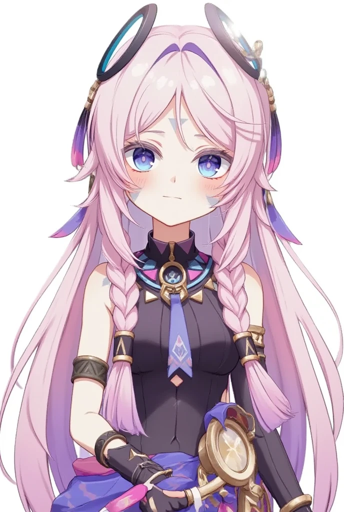 1girl,solo,cowboy shot,pink hair,parted bangs,very long hair,twin braids,hair ornament,facial mark,blue eyes,pink pupils,citlali official character costumes,citlali,meadow,star night