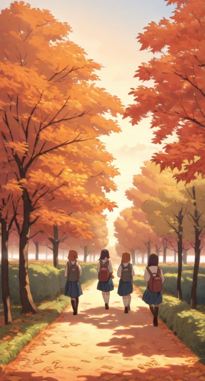 Autumn scenery and female middle school students on their way home from school