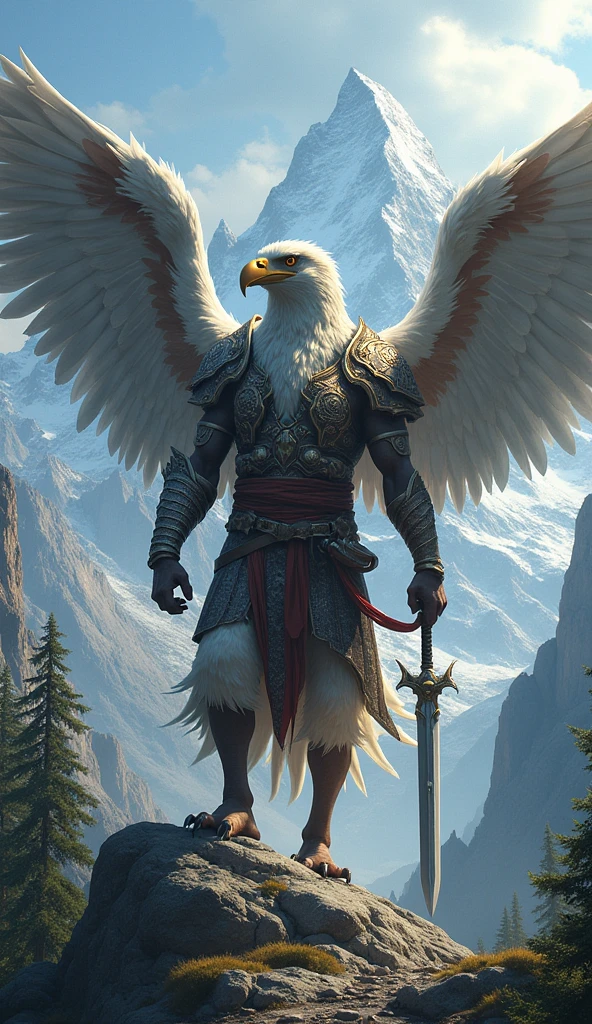 Eagle Man, a majestic figure clad in feathered armor, stands triumphantly with outstretched wings. His piercing golden eyes reflect the intensity of his determination. In one hand, he clutches a gleaming metallic spear with an eagle's head as its tip. His wings provide a stark contrast to the snowy landscape, as he faces off against a cunning White Wolf.

White Wolf, a symbol of stealth and guile, crouches low to the ground. His fur is pristine and snow-white, almost blending in with the surroundings. A pair of piercing icy blue eyes survey Eagle Man with a curious intensity. The wolf bares his
