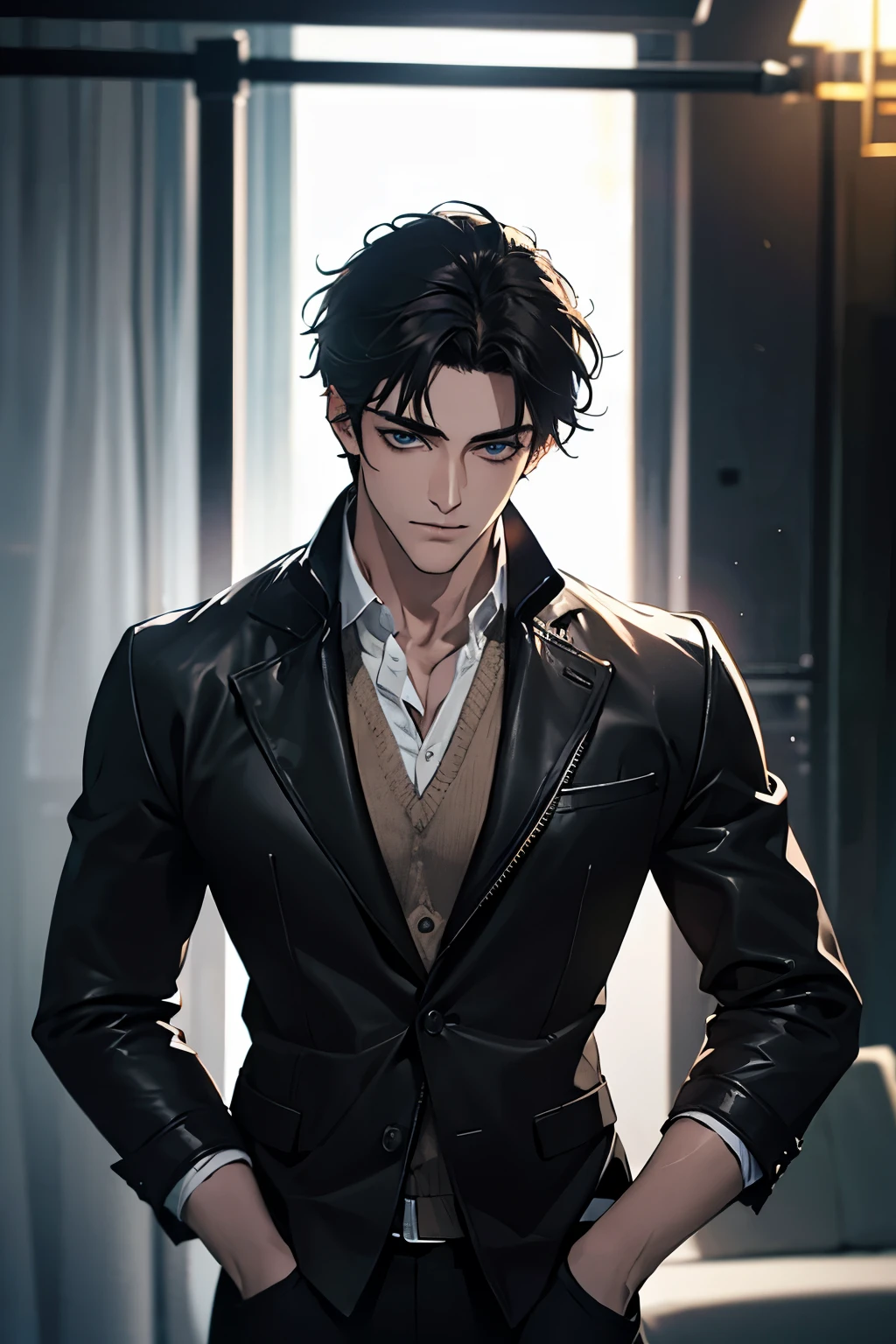 (Best Quality,4k,8k,high resolution,Masterpiece:1.2),ultra detailed,(realist,photorealist,photo-realist:1.37),1 man,31 years,mature man,muscular,square jaw,very handsome,without expresion,short gray black hair,hairstyle,Blue eyes,glare,perfect face without mistakes,imposing posture,collar jacket,leather jacket,dark background,cinematic lighting,imagen HDR