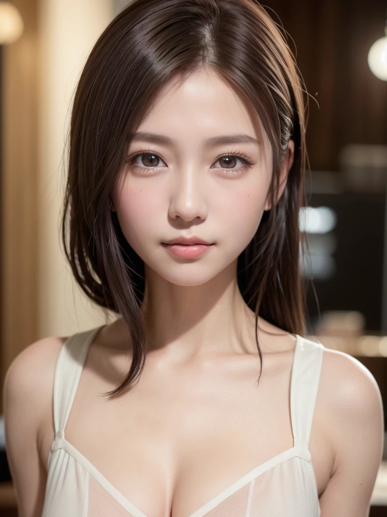 natta, Raw photography, (((Very beautiful portrait))), ((glistning skin)), 1girl in, Sexy 2 girl, Cafe Clerk、((Sauvage's natural brown hair)), Gentle smile staring at the camera, ((​masterpiece, top-quality, ultra-detailliert, ciinematic light, intricate detailes, hight resolution, 8K, ighly detailed)), detailedbackground, 8KUHD, Digital SLR, Soft lighting, hightquality, film grains, FujifilmXT3, Shallow depth of field, natural soft light、face perfect