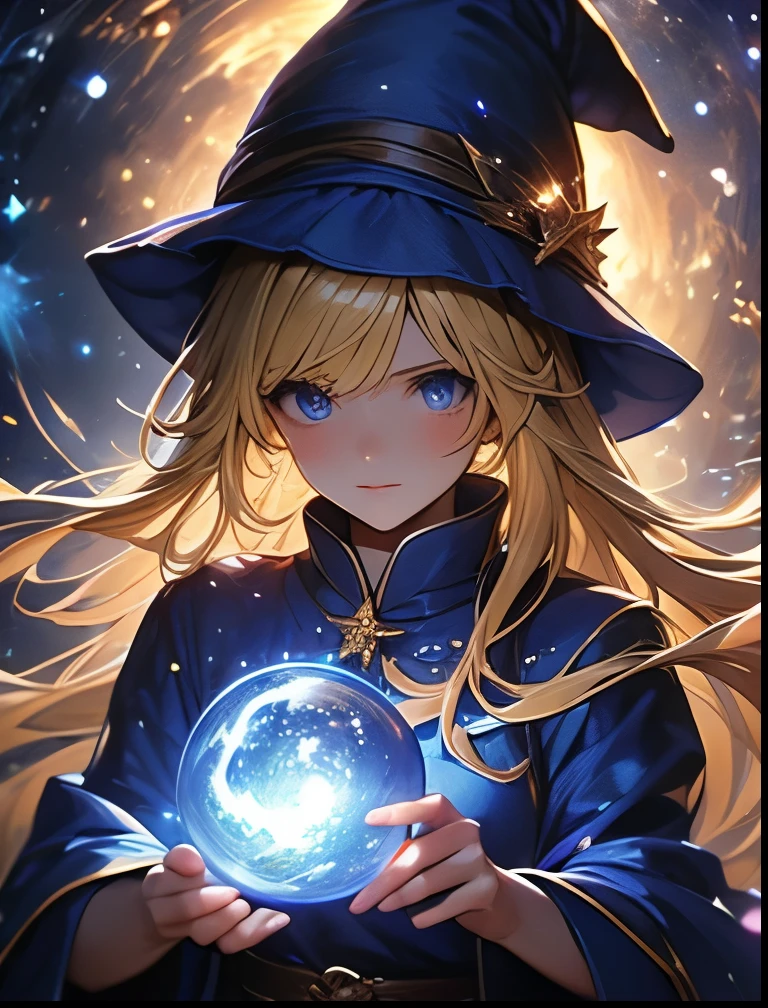 （（（ＳＦＷ、Precision、Highest quality、A first-class masterpiece、Normal body、8k、  Detailed Face 、Ultra-precision、 Normal hand、５refer to、Highest）））、Witch、Witch（Puyo Puyo）、adult、 Blonde Long Hair 、 Beautiful Girl、 Blue Mage Robe、 Blue Mage Hat 、Broom Wand 、Meteo、tachyon、Quasar 、 black hole swallowing stars、 Big Bang、6-chain 