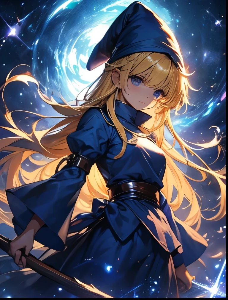 （（（ＳＦＷ、Precision、Highest quality、A first-class masterpiece、Normal body、8k、  Detailed Face 、Ultra-precision、 Normal hand、５refer to、Highest）））、Witch、Witch（Puyo Puyo）、adult、 Blonde Long Hair 、 Beautiful Girl、 Blue Mage Robe、 Blue Mage Hat 、Broom Wand 、Meteo、tachyon、Quasar 、 black hole、 Big Bang、6-chain 、Puyo Puyoシリーズ