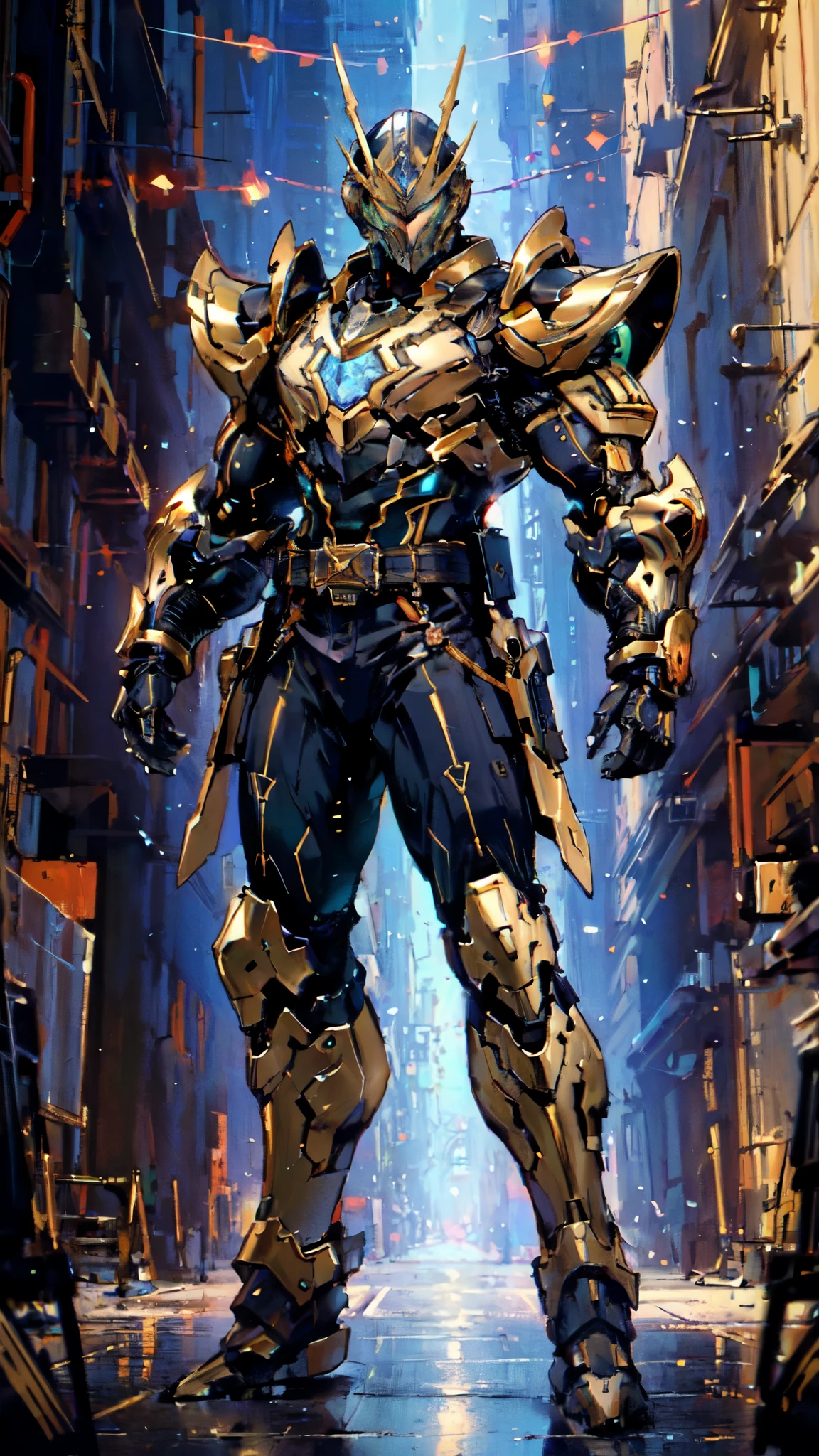 (masterpiece:1.5, best quality:1.5, extremely delicate:1.5), ((male:1.5)), a man wearing a full-face helmet, green eyes, fantasy-style high-tech biomimetic armored combat suit, (a composite layered chest armor), the design balances heavy with agility, fully enclosed shoulder guards, matching arm and leg guards, a belt of gemstone, (the color scheme is primarily Red with Blue and Yellow accents, Organic Biotech, Concept Inspired by Emperor, glowing eyes, armor glows, stand of a futuristic sci-fi city), this character embodies a finely crafted fantasy-style armored hero in anime style, exquisite and mature art style, metallic, high definition, highres, ultra-detailed, ultra-fine painting, professional, perfect body proportions, golden ratio, anatomically correct, symmetrical face, extremely detailed eyes and face, high quality eyes, creativity, RAW photo, UHD, 32k, Natural light, cinematic lighting, masterpiece-anatomy-perfect