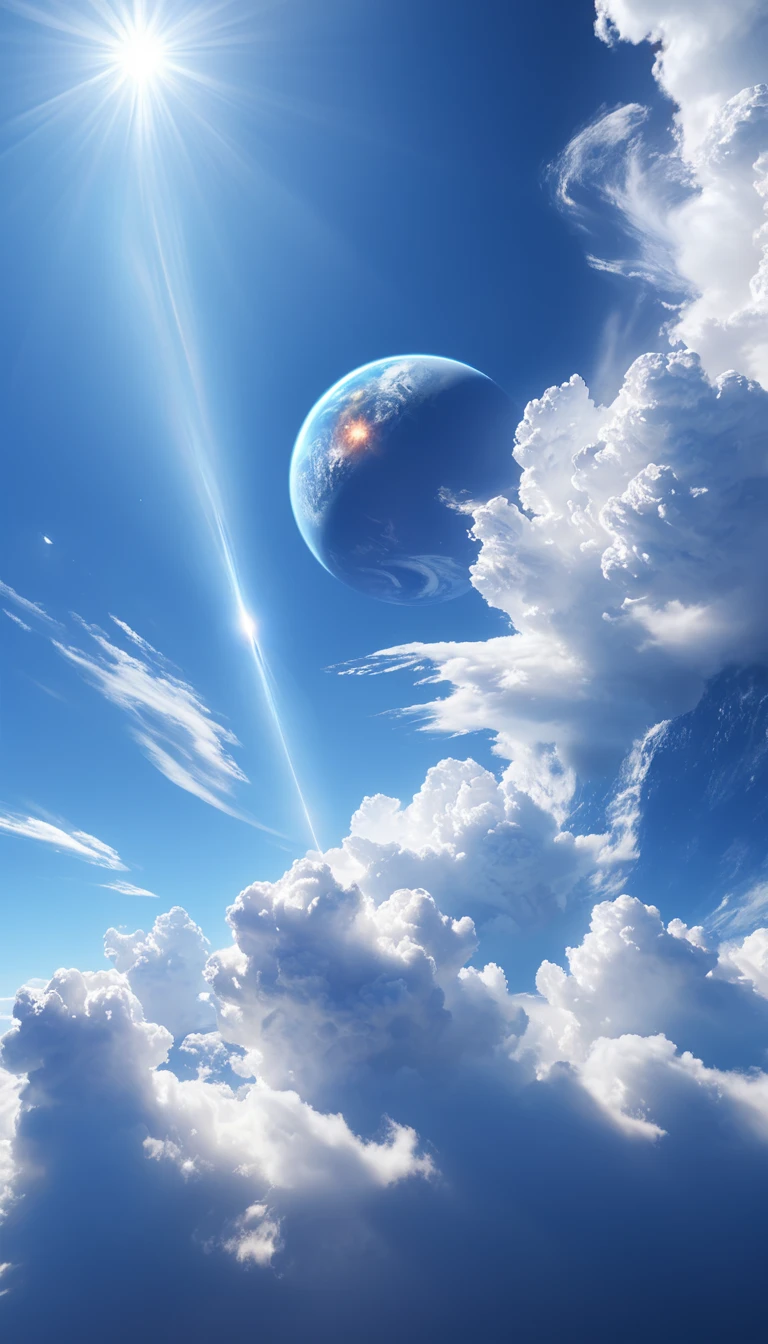 (   Highly detailed CG integrated 8K wallpapers) (top-quality),       No people are depicted。  Composition of looking at the  。 The sun shines  。    intense streaks of light radiate and    。 Composition of seeing  。    blends into the deep blue sky    。Light illuminates clouds    。Create soft shadows。Sunlight is mysterious    。     planets The composition  {x}  has large fluffy white clouds in the air 。 

