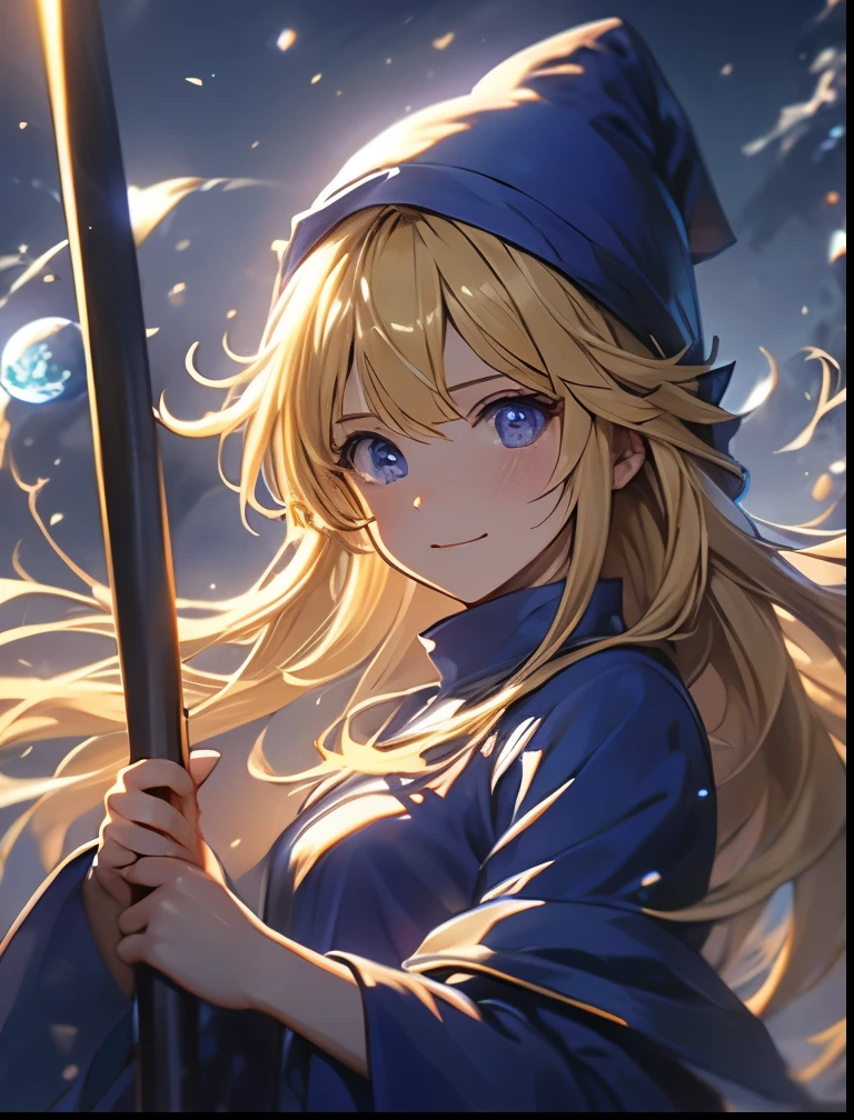 （（（ＳＦＷ、Precision、Highest quality、A first-class masterpiece、Normal body、8k、  Detailed Face 、Ultra-precision、 Normal hand、５refer to、Highest）））、Witch、Witch（Puyo Puyo）、adult、 Blonde Long Hair 、 Beautiful Girl、 Blue Mage Robe、 Blue Mage Hat 、Broom Wand 、Puyo Puyoシリーズ、smile