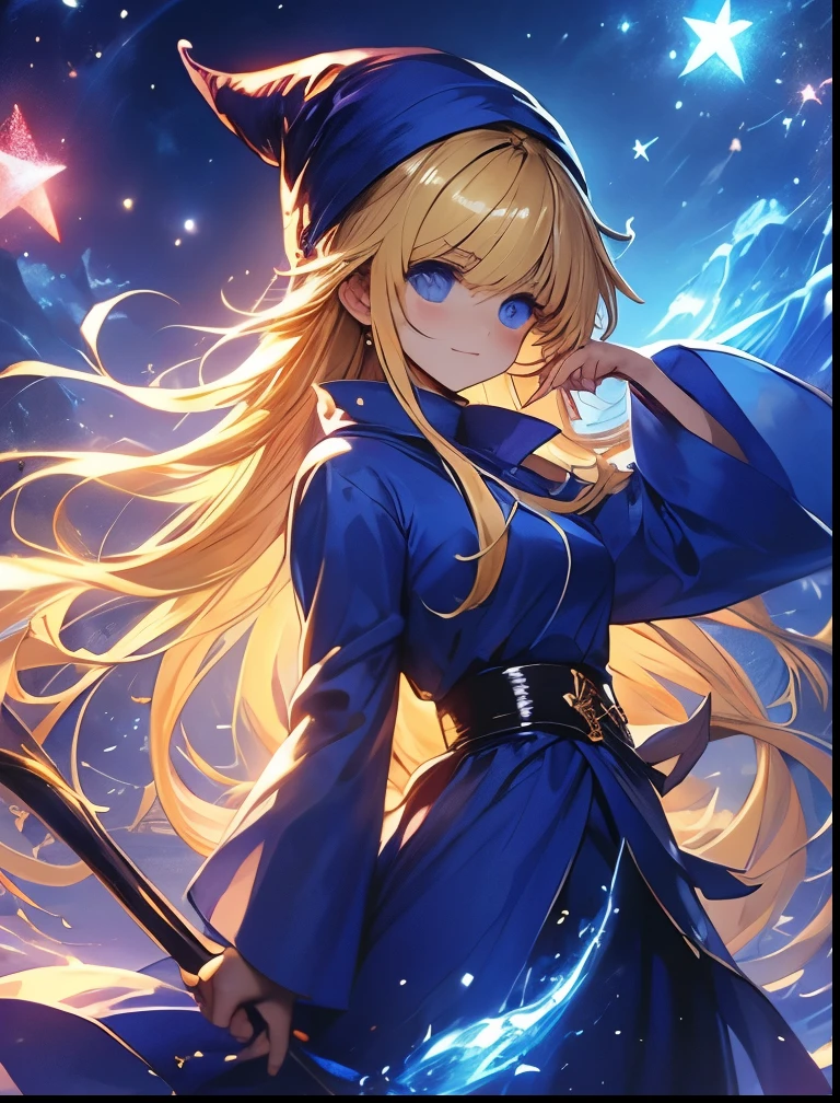 （（（ＳＦＷ、Precision、Highest quality、A first-class masterpiece、Normal body、8k、  Detailed Face 、Ultra-precision、 Normal hand、５refer to、Highest）））、Witch、Witch（Puyo Puyo）、adult、 Blonde Long Hair 、 Beautiful Girl、 Blue Mage Robe、 Blue Mage Hat 、Broom Wand 、Puyo Puyoシリーズ、Nihilistic smile