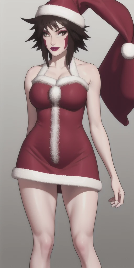 InuzukaTsume, medium_breasts,  standing, solo, facial_markings, santa_minidress, arms_behind_back,, masterpiece, best_quality, detailed_face, detailed_eyes, highres, beautiful, detailed, absurdres, santa hat, brown hair, spiky hair, messy hair, fangs, lipstick, perfect body, perfect Hips, beautiful legs, beautiful face, beautiful body, 