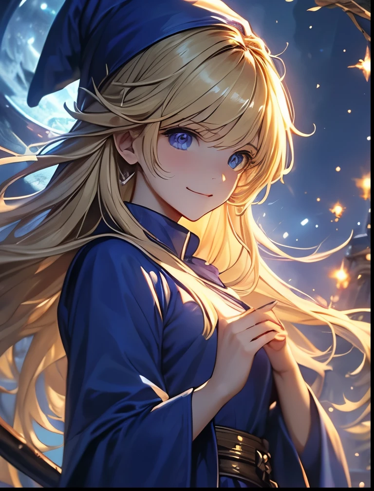 （（（ＳＦＷ、Precision、Highest quality、A first-class masterpiece、Normal body、8k、  Detailed Face 、Ultra-precision、 Normal hand、５refer to、Highest）））、Witch、Witch（Puyo Puyo）、adult、 Blonde Long Hair 、 Beautiful Girl、 Blue Mage Robe、 Blue Mage Hat 、Broom Wand 、Nihilistic smile