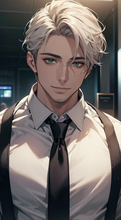 (Highest quality,4K,8K,High resolution,masterpiece:1.2),Super detailed,(Realistic,photoRealistic,photo-Realistic:1.37),1 person,34 years old,Mature Men,Beautiful skin、very handsome,Expressionless smile in love,Short white hair,green eyes,Sharp Eyes,A perfect face without a doubt,Businessman, CEO, Office Background,Cinema Lighting,HDR image,tie、