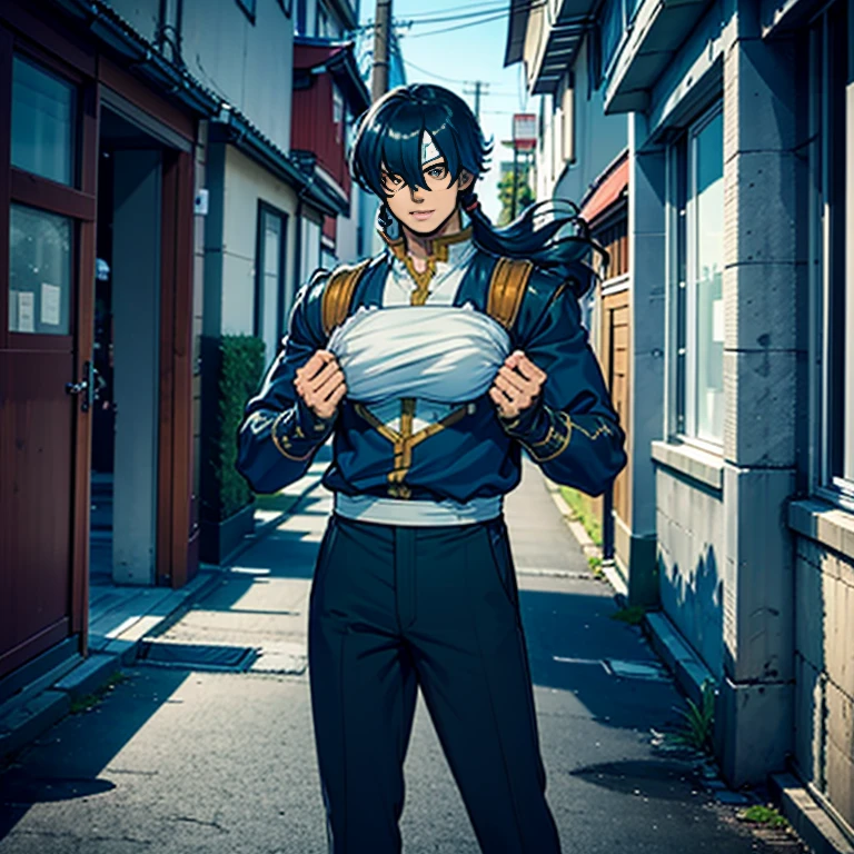 ( Best Quality )(Overall view),Back Alley,  Japanese with a Cool and Handsome Face , Beautiful Young Host ,18 years old,  Shiny Sentai Hero Suit, 18 years old, Tall, Long Hair,  Hero Eye Mask ,  Long Hair to Hide One Eye ,  Can Hang Mud on Your Body , Raise Your Hands and Surrender , regret