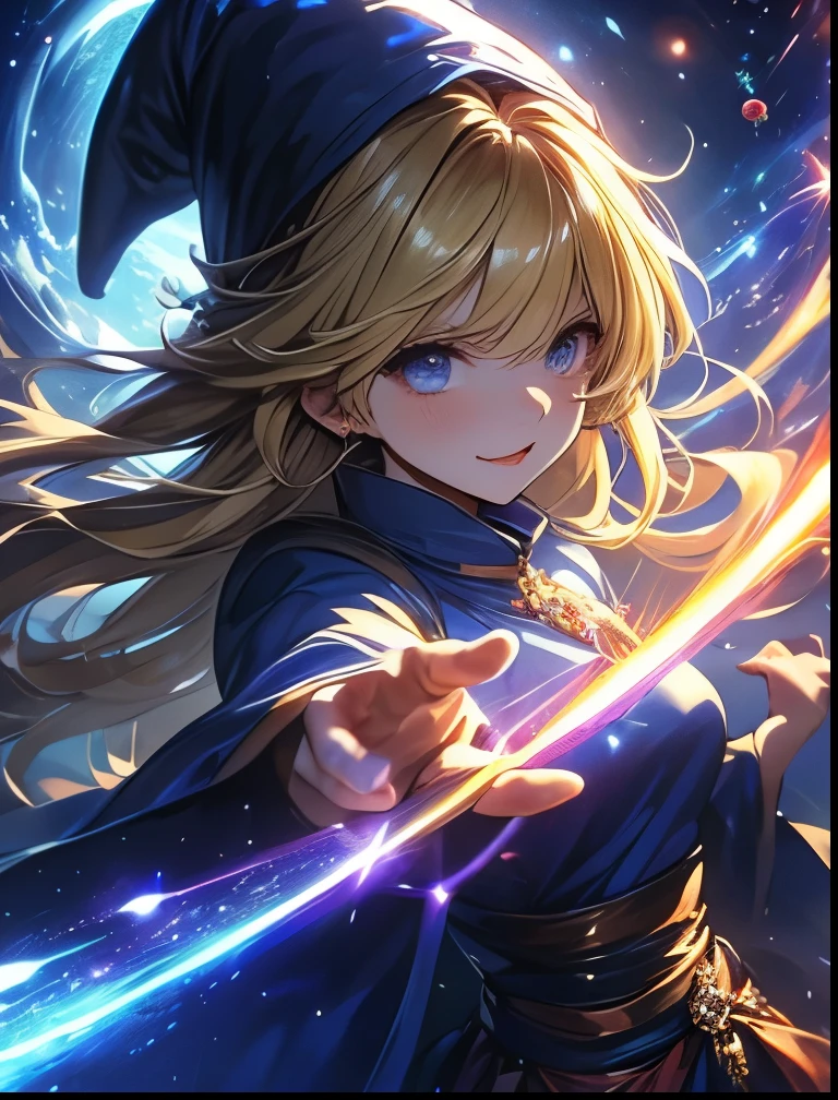 （（（ＳＦＷ、Precision、Highest quality、A first-class masterpiece、Normal body、8k、  Detailed Face 、Ultra-precision、 Normal hand、５refer to、Highest）））、Witch、Witch（Puyo Puyo）、adult、 Blonde Long Hair 、 Beautiful Girl、 Blue Mage Robe、 Blue Mage Hat 、Broom Wand 、Meteo、tachyon、Quasar 、 black hole、 Big Bang、6-chain 、Puyo Puyoシリーズ、Laughing out loud