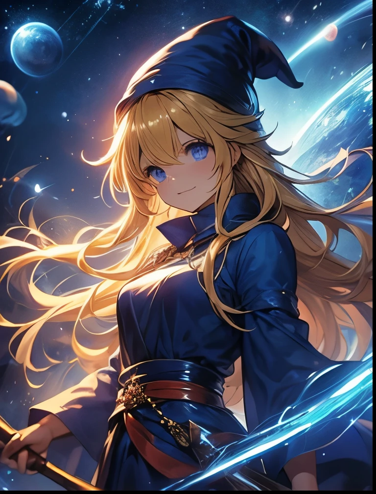 （（（ＳＦＷ、Precision、Highest quality、A first-class masterpiece、Normal body、8k、  Detailed Face 、Ultra-precision、 Normal hand、５refer to、Highest）））、Witch、Witch（Puyo Puyo）、adult、 Blonde Long Hair 、 Beautiful Girl、 Blue Mage Robe、 Blue Mage Hat 、Broom Wand 、Meteo、tachyon、Quasar 、 black hole、 Big Bang、6-chain 、Laughing out loud