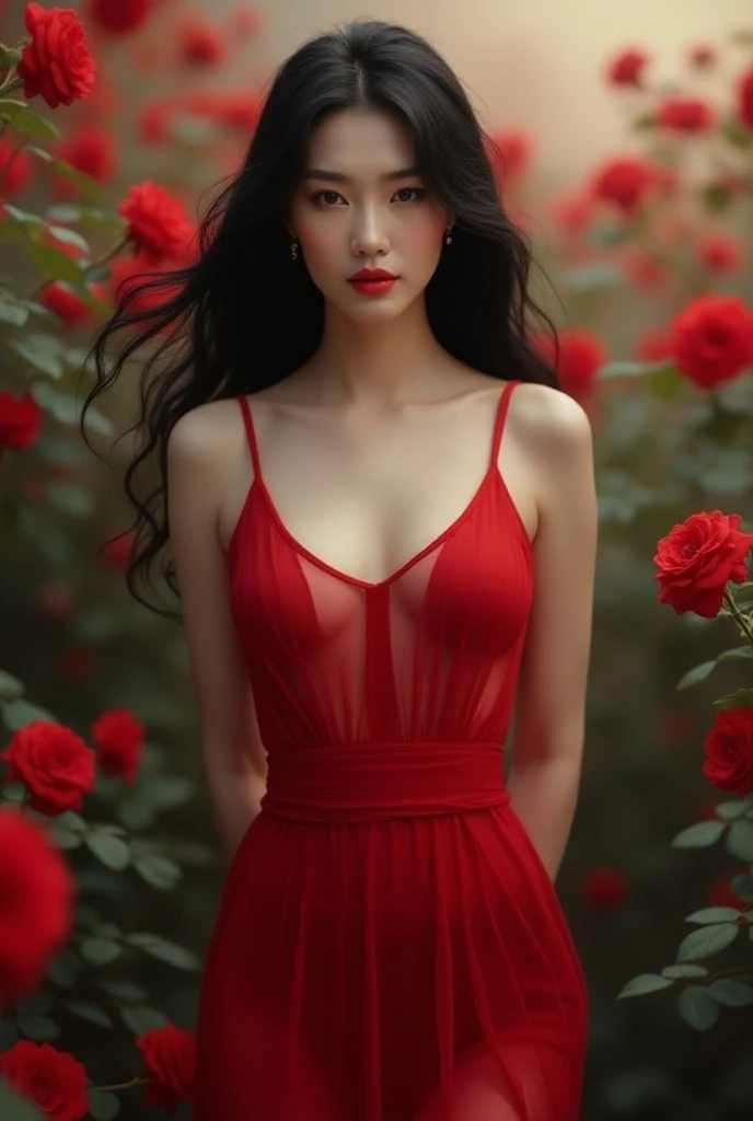 dark theme , (best quality, masterpiece:1.2), 18yo girl in garden, black cleavage dress, (red flowers mess in background:1.3)
