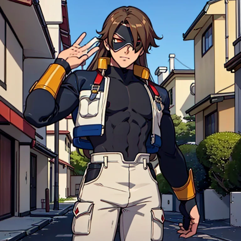 ( Best Quality )(Overall view),Back Alley,  Japanese with a Cool and Handsome Face , Beautiful Young Host ,18 years old,  Shiny Sentai Hero Suit, 18 years old, Tall, Long Hair,  Hero Eye Mask ,  Long Hair to Hide One Eye ,  Can Hang Mud on Your Body , Raise Your Hands and Surrender , regret