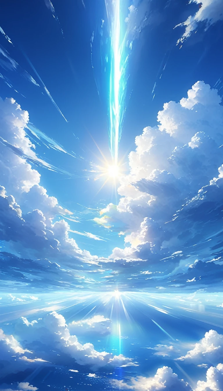 ( high-definition CG integrated 8K wallpaper ) (top-quality), people々It's not drawn 。地球のようなplanetが浮かんでいる。 The sunlight shines brightly and intensely 。 intense streaks of light radiate and 。 blends into the deep blue sky  。 The light shines on the clouds The sunlight is mysterious  。planet　composition  {x}   There are big fluffy white clouds in the sky 。 

