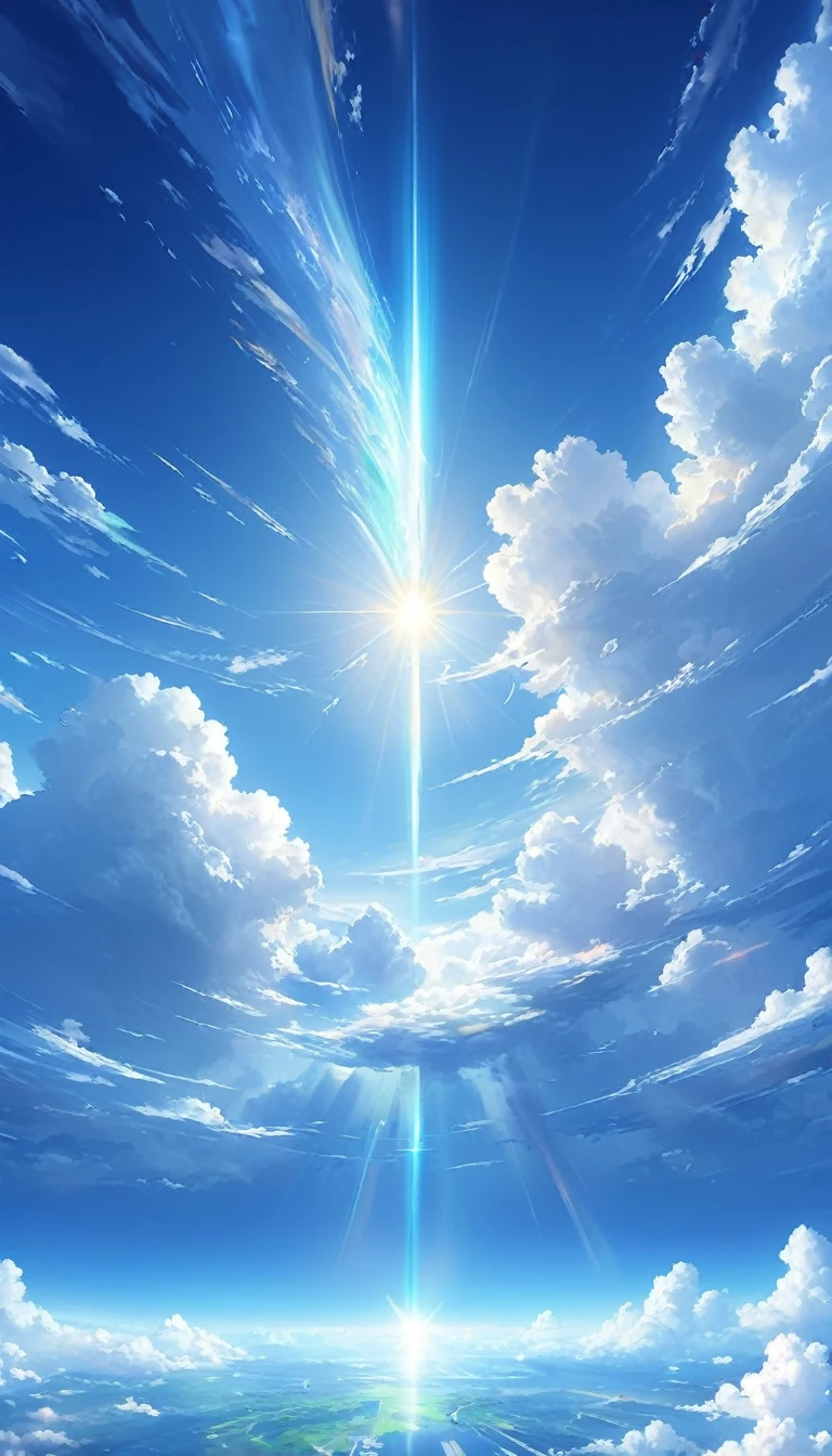 ( high-definition CG integrated 8K wallpaper ) (top-quality), people々It's not drawn 。地球のようなplanetが浮かんでいる。 The sunlight shines brightly and intensely 。 intense streaks of light radiate and 。 blends into the deep blue sky  。 The light shines on the clouds The sunlight is mysterious  。planet　composition  {x}   There are big fluffy white clouds in the sky 。 

