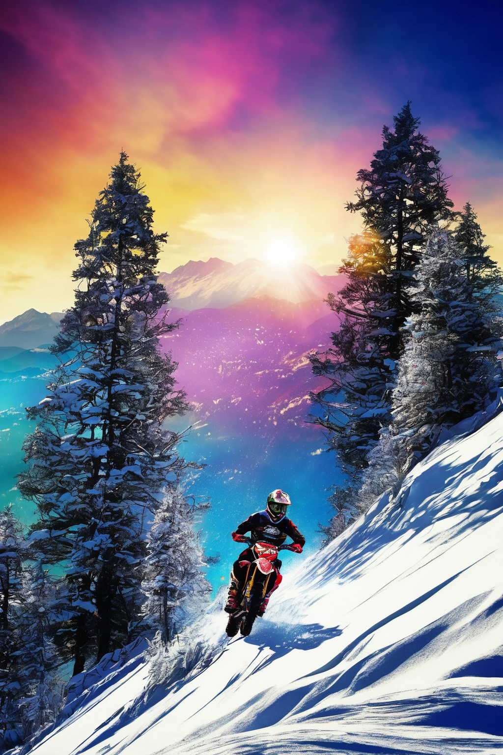  silhouette riders motocross , mountains with snow pine trees, nature beauty and wonder, magical, majestical, beautiful colors,branches with snow,visually stunning,captivating imagery, stunning depth, dynamic composition,, artistic genius.[exquisite visual textures, intricate details, skillful use of light and shadow, seamless blending of elements, dramatic contrasts, stunning depth, dynamic composition, seamless transition between different visual elements]
