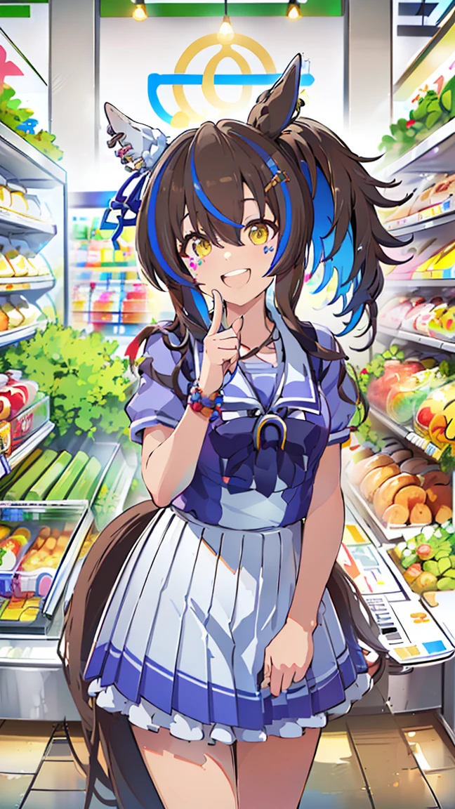 masterpiece, Best Quality,  Hi-Res,  very detailed,((( Daitaku Helios )), (((Horse Girl))), (((Summer clothes))), ((( Standing in the Distance ))), (((Positive。))), (((In front of the store))), (((Around town))), ((( is laughing。)))