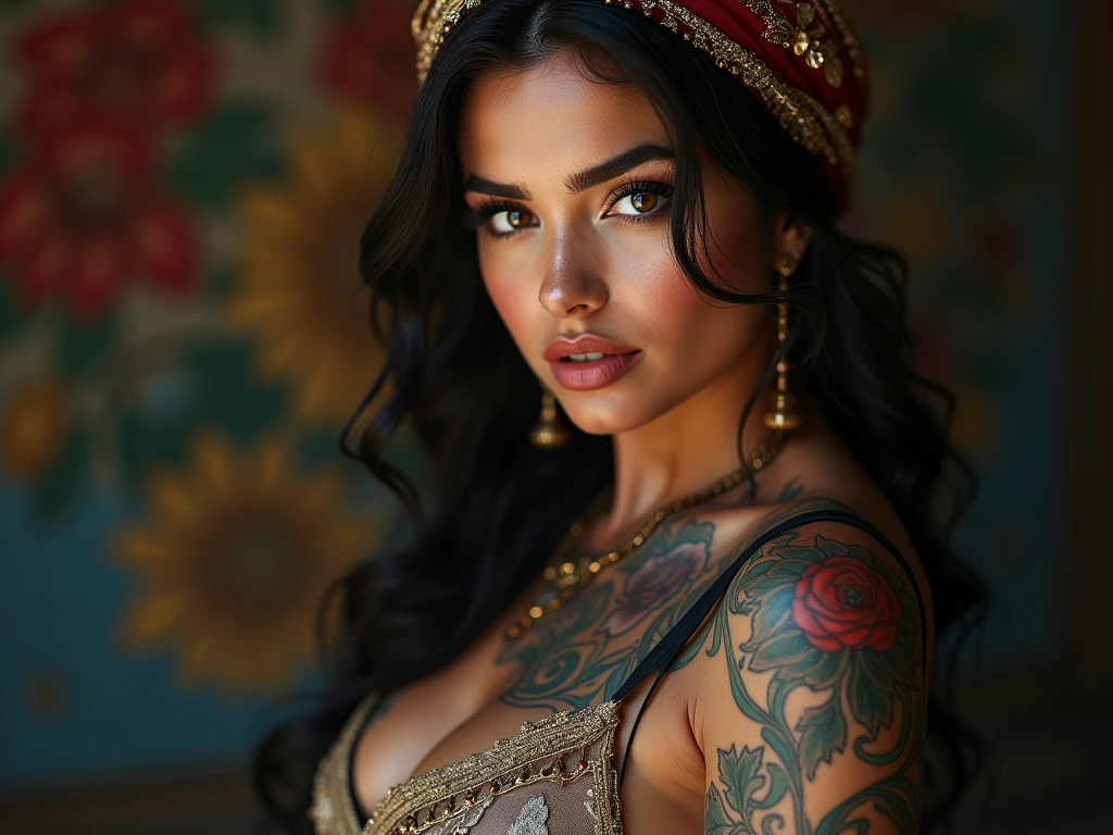 absurdres, foto RAW, mais alta qualidade, (obra-prima: 1.3), foto de cor RAW de alto detalhe, foto profissional, unidade de papel de parede CG 8k extremamente detalhada, foto-realista, realista, foto RAW, obra-prima, melhor qualidade, highres, illustration, 1girl, 16 ANOS, baixinha, tiny girl, magra, branca, ruiva, cabelo vermelho, cabelo ruivo com cachos, cabelo ondulado, curly hair, Average length, cabelo preso, pernas finas, rosto lindo perfeito com sardas, cardune lips, belos olhos realistas, olho direito verde, olho esquerdo azul, heterocromia, pale skin, textura de pele detalhada, seios planos, seios muito pequenos, bunda pequena. Rosas vermelhas tatuadas nos ombros, tattoos of pagan symbols on the forearms and hands. Corpo magro, esguio. Ruiva. Sorriso. Elegante. Pagan style, Celtic, wiccan. Escocesa. She looks amazing. Corpo inteiro. (Jaqueta de couro marrom, metal sunglasses, gargantilha com pingente de pentagrama, Veil partially covering the hair, katana pendurada nas costas, design detalhado), post apocalyptic scenario.