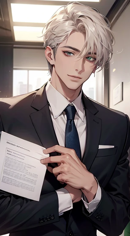 hd, ultra detailed, 8k quality, high quality, masterpiece, 17 year old boy, single, gray hair, man bun, round glasses, black suit, gray tie, white t-shirt, black pants, hitman vibe, black playing cards, taro sakamoto