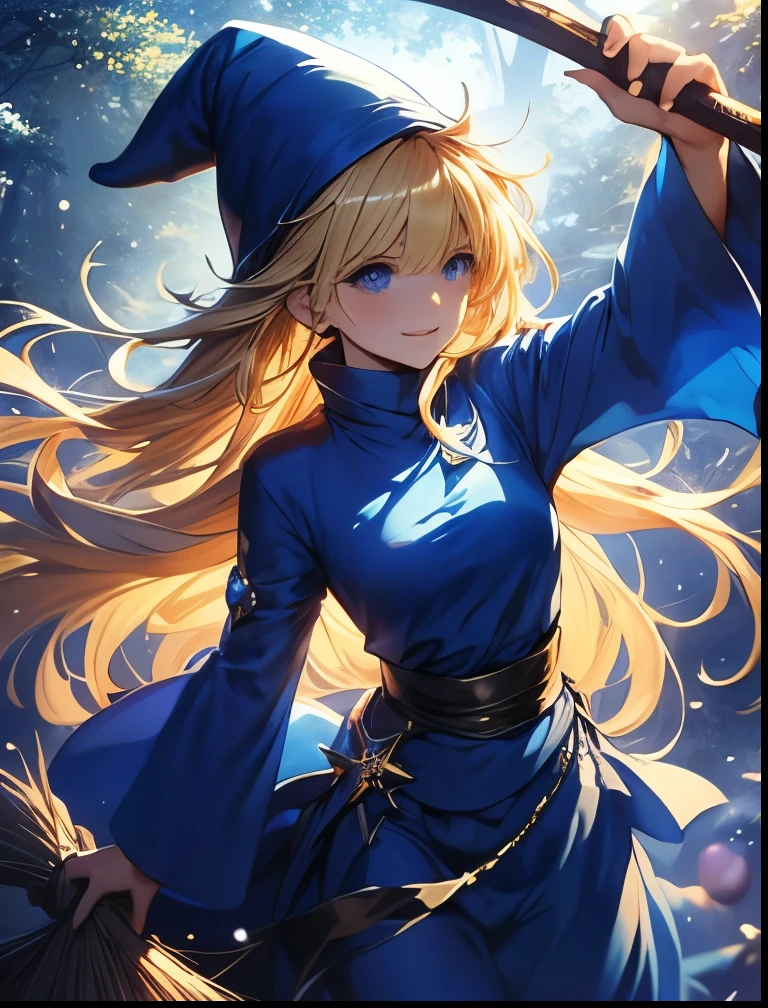 （（（ＳＦＷ、Precision、Highest quality、A first-class masterpiece、Normal body、8k、  Detailed Face 、Ultra-precision、 Normal hand、５refer to、Highest）））、Witch、Witch（Puyo Puyo）、adult、 Blonde Long Hair 、 Beautiful Girl、 Blue Mage Robe、 Blue Mage Hat 、Broom Wand 、Laughing out loud