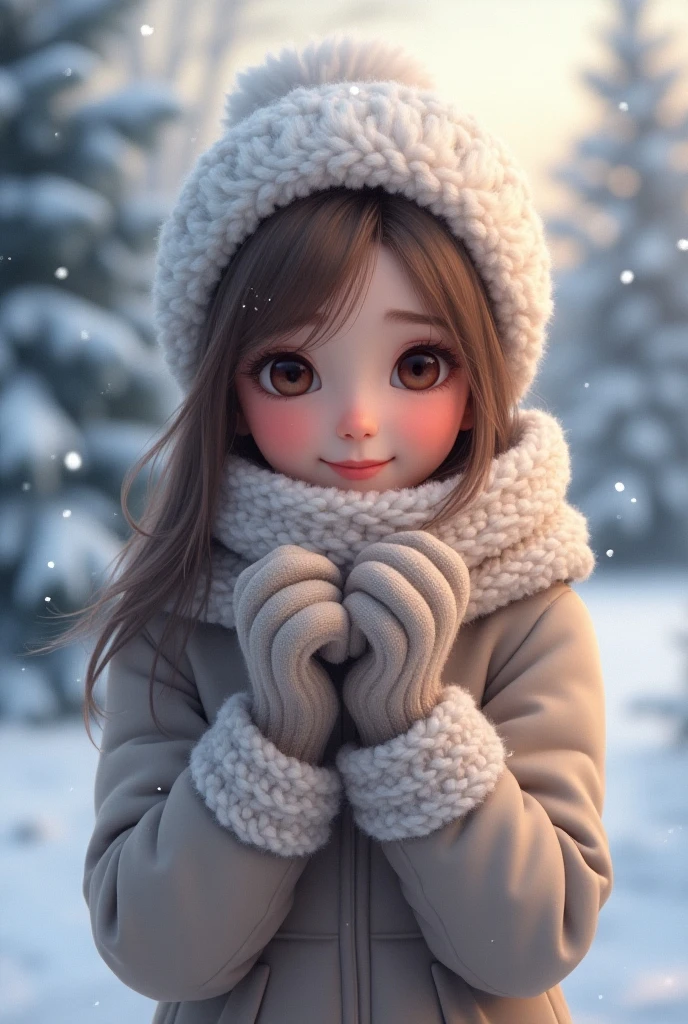 Create an enchanting artwork depicting someone joyfully playing in the snow. Imagine a picturesque winter landscape with pristine white snow, snow-covered trees, and a serene atmosphere. Capture the person's excitement and happiness as they build a snowman, make snow angels, or engage in any other delightful snow-related activity. Convey the magic and innocence of a snowy winter day in this scene