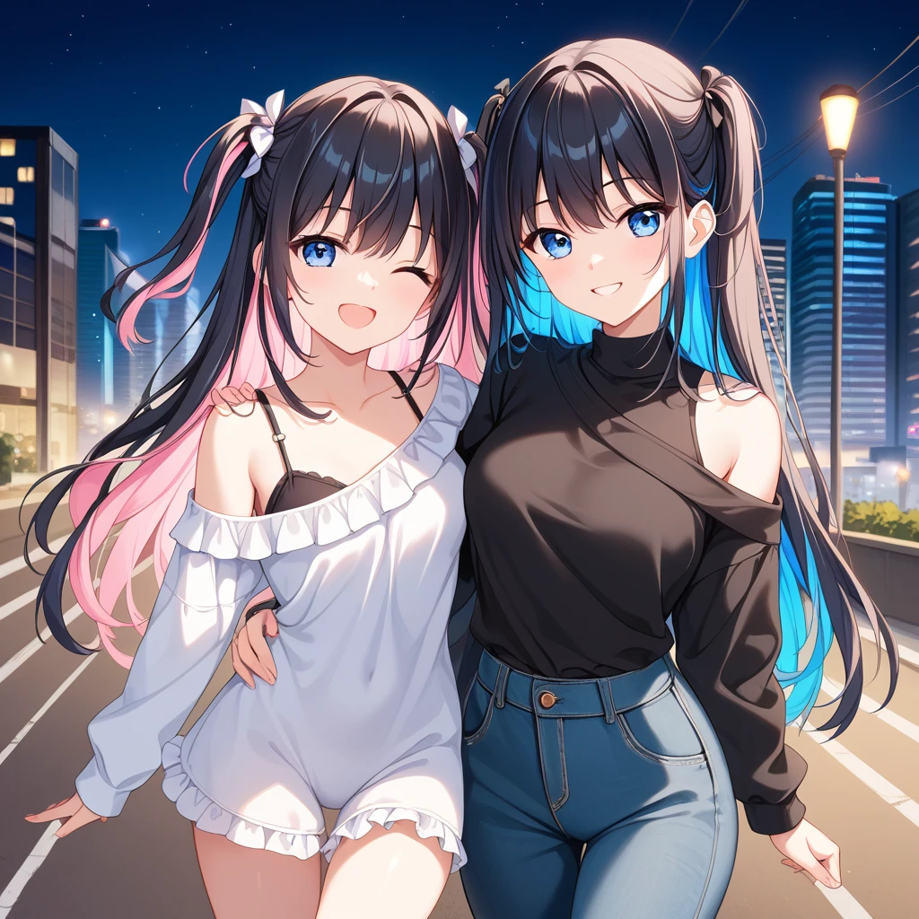   from the front  , the above((Best Quality))、(masterpiece)、(  Real Shadow)、nsfw、(１  beautiful girls),,side,two side up,,Long Hair,(Colored inner hair　Black Hair + Pink inner hair), blue eyes, email,Multi-colored hair, off shoulder tops, Ruffled clothing,  Cardigans ,  miniskirt,
2girls, Yuri,  happy , smile,  eyes closed , ,In the city, At night, The best light, Skyscraper ,road, A lot of people々