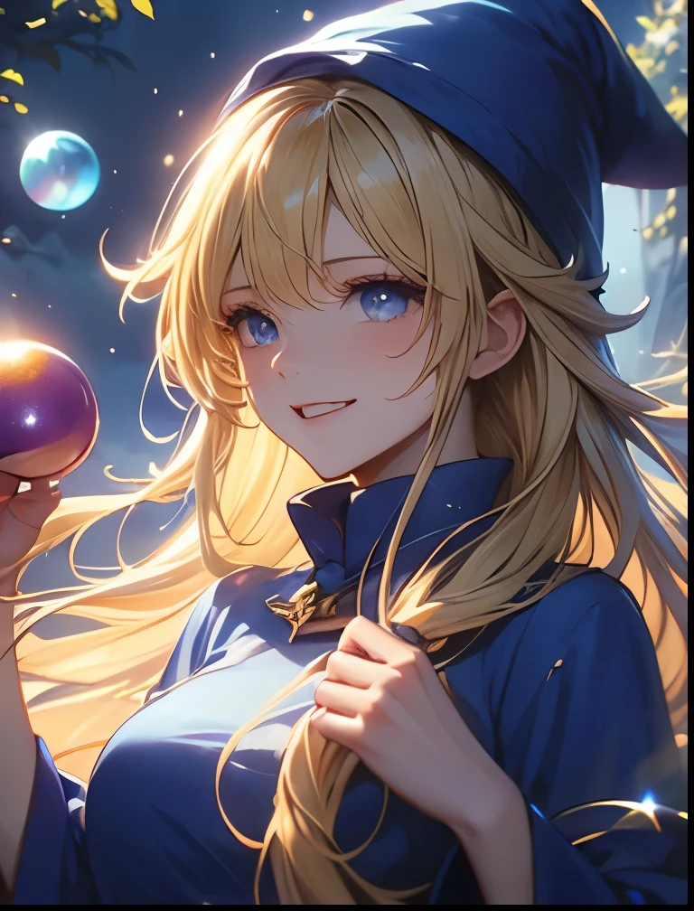 （（（ＳＦＷ、Precision、Highest quality、A first-class masterpiece、Normal body、8k、  Detailed Face 、Ultra-precision、 Normal hand、５refer to、Highest）））、Witch、Witch（Puyo Puyo）、adult、 Blonde Long Hair 、 Beautiful Girl、 Blue Mage Robe、 Blue Mage Hat 、Laughing out loud