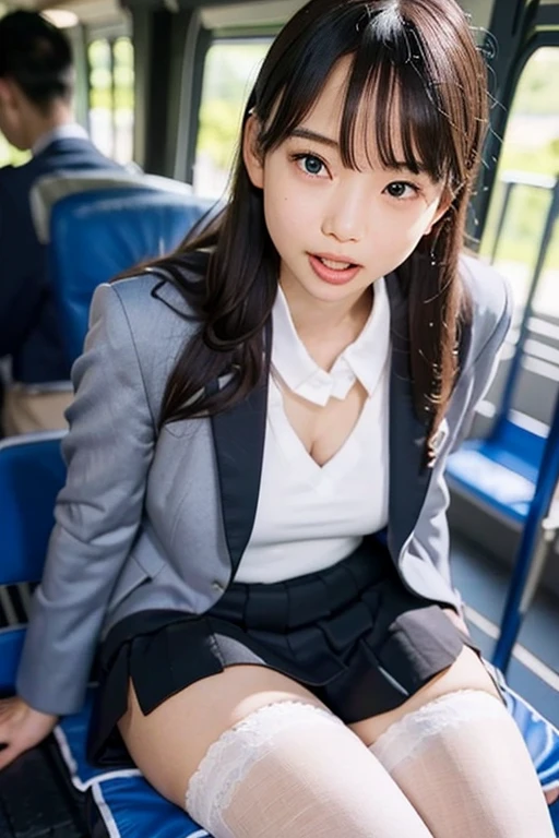 masutepiece, Best Quality, 8K, 14years old, Raw photo, absurderes, award winning portrait, Smile, Solo, (Night:1.8), Idol face, loli face and big boobs, Delicate girl, Upper body, Digital SLR, Looking at Viewer, Candid, Sophisticated,Thin arms, Professional Lighting, Film grain, chromatic abberation, (Eyes and faces with detailed:1.0), (Bokeh:1.1) , (school uniform:1.1) , Classroom, high School, closes mouth , A dark-haired , drooing eyes , large full breasts , plump lips, (((skirt lift by yourself))),(lifted by self),(Showing panties),panties on,panties focus,((Sit up,spread legswide)), sockes, (Black knee socks),(Loafer shoes), during daytime,On the train,Horizontal long seat with your back to the window, open legs:1.3