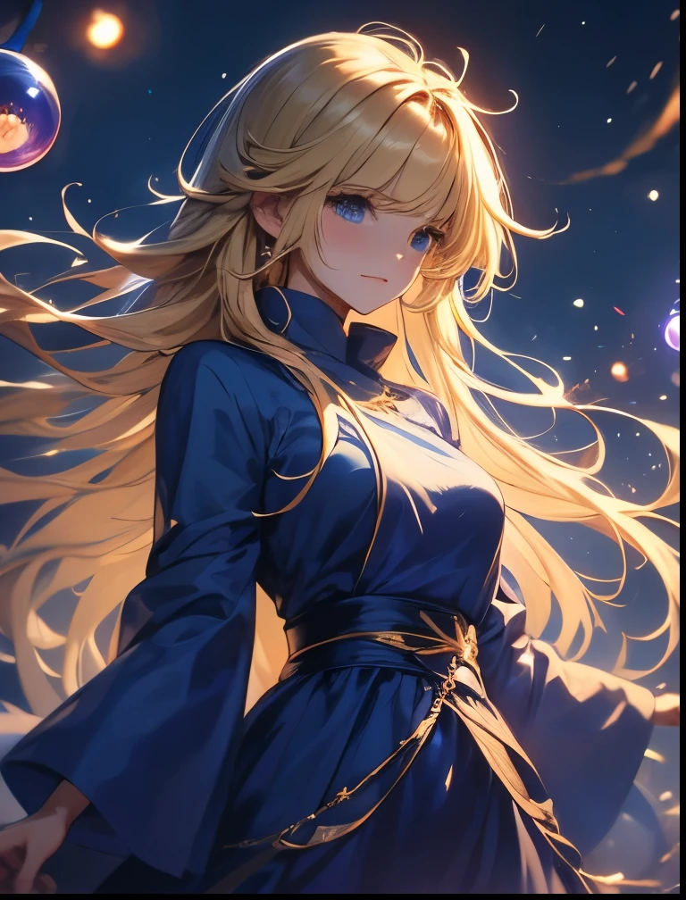 （（（ＳＦＷ、Precision、Highest quality、A first-class masterpiece、Normal body、8k、  Detailed Face 、Ultra-precision、 Normal hand、５refer to、Highest）））、Witch、Witch（Puyo Puyo）、adult、 Blonde Long Hair 、 Beautiful Girl、 Blue Mage Robe