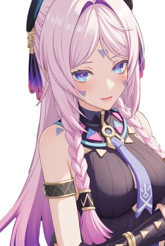 1girl,solo,cowboy shot,from behind,seductive smile,pink hair,parted bangs,very long hair,twin braids,(hair ornament),(facial mark),blue eyes,pink pupils,citlali official character costumes,citlali,(facial mark)