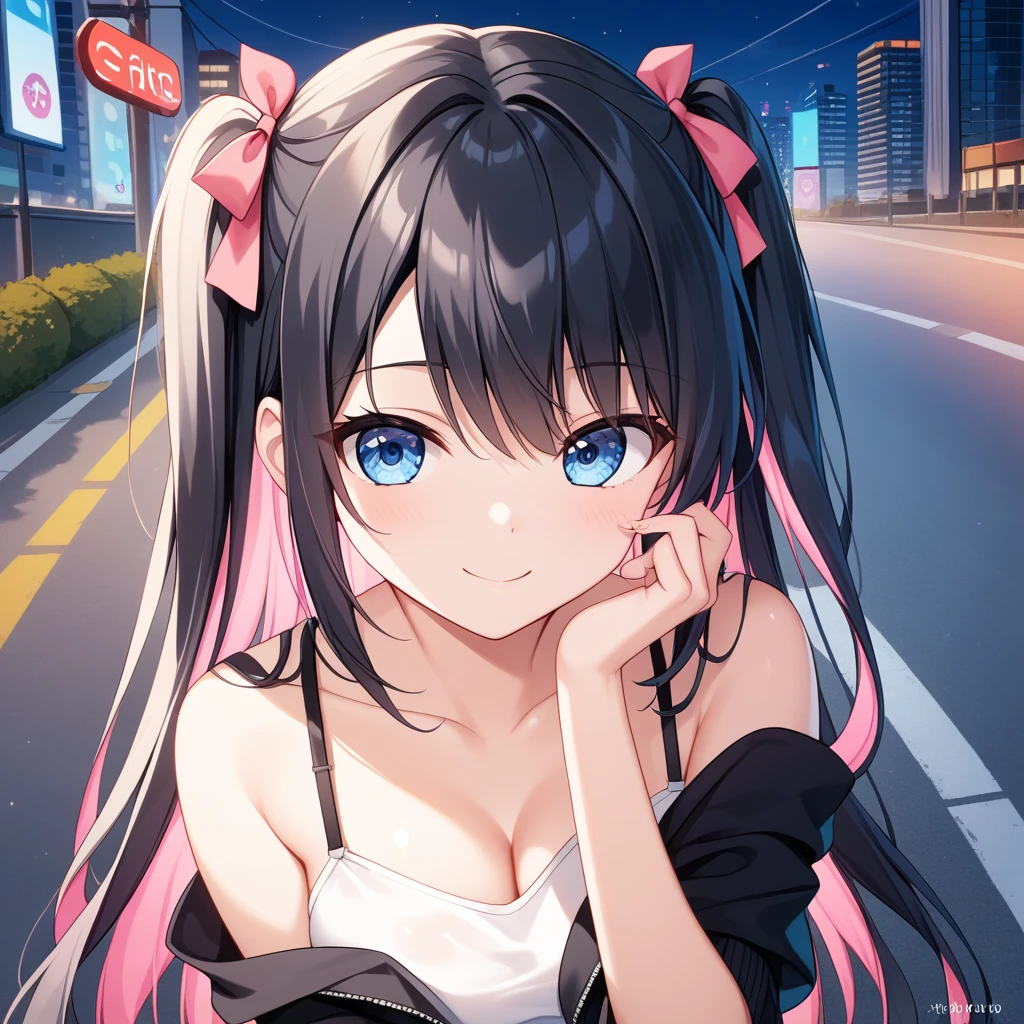 the above((Best Quality))、(masterpiece)、(  Real Shadow)、nsfw、(１  beautiful girls),,side,two side up,,Long Hair,(Colored inner hair　Black Hair + Pink inner hair), blue eyes, email,Multi-colored hair, smile,In the city, At night, The best light, Skyscraper ,road, 