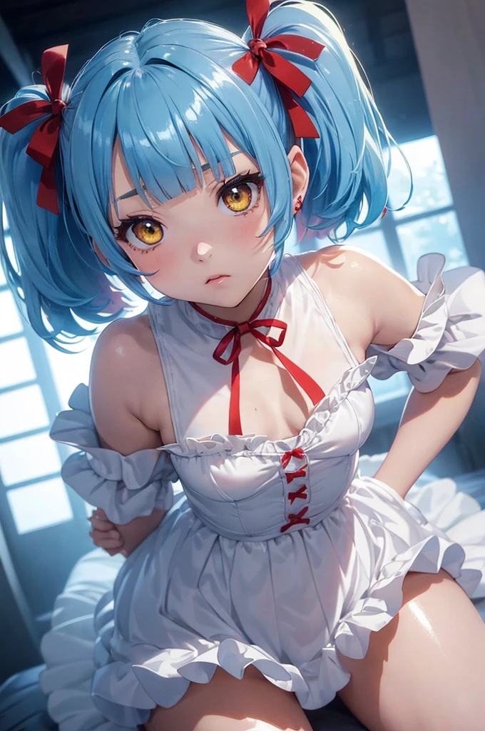 (quality)), ((masterpiece)), Recommended resultsluffly、(see through:1.5)、whole body 、Swollen nipples,straighten your back、huge bust、angle to floor:1.2、low camera angle、Hair loss on crotch、Whole body facing the camera,Hair can be seen on the crotch,Hatsune Miku, Super detailed, aboutm_about_zero, facial close-up,blue hair, short hair, maidennurse, hair accessories, split, maid headdaboutss, Detached sleeves, Ribbon heart-shaped pupils