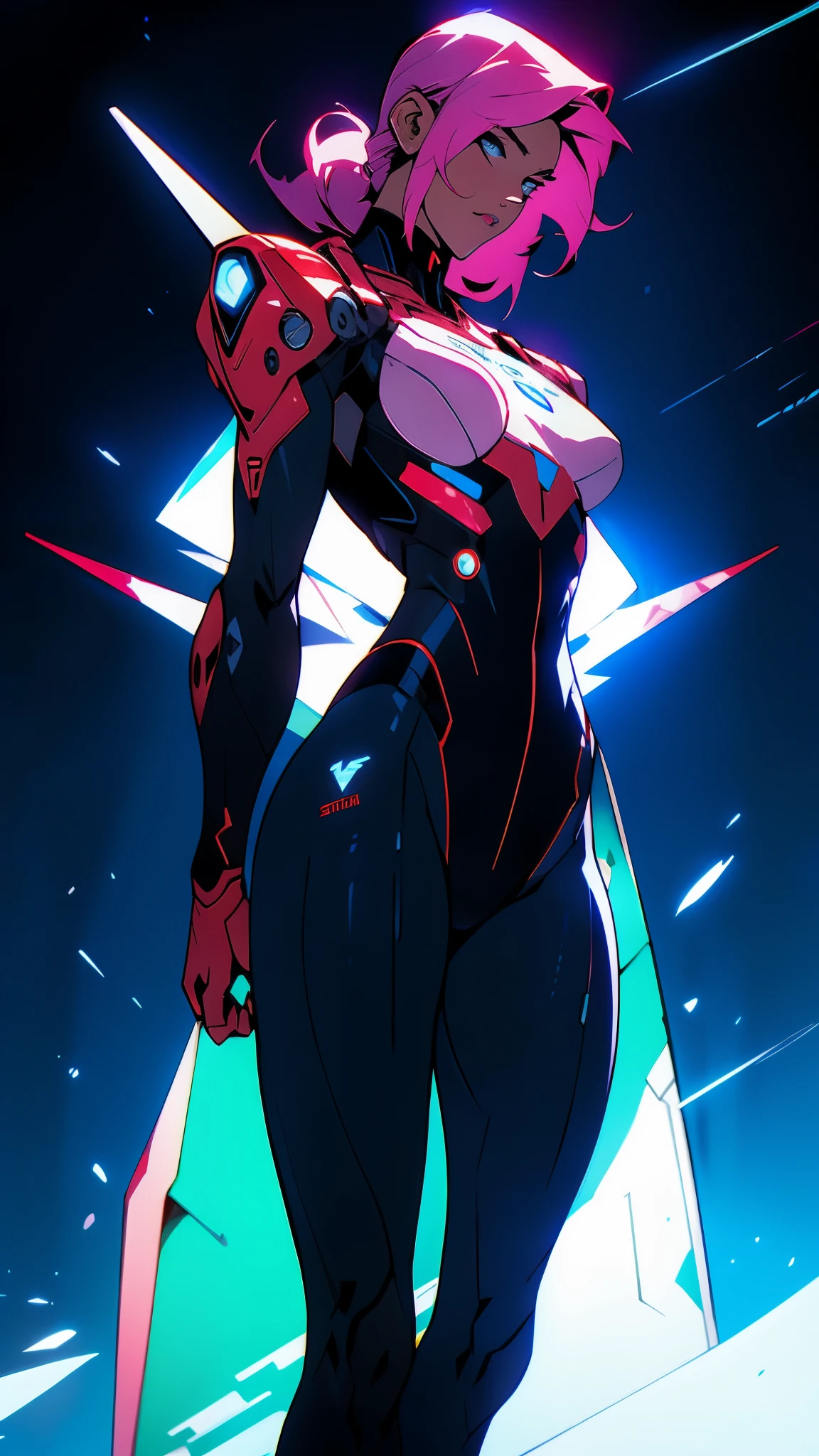 ((Best quality)), ((masterpiece)), (detailed: 1.4), (Absurd), Caucasian female fighter pilot ready for war, Captain Britain from Marvel Comics, defined muscular sculptural body, bare half-thick thighs, closed mouth, only in panties, muscular body covered in technological clothing, Neon Genesis Evangelion style, cyberpunk, generous neckline, ((perfect large breasts)), (blue eyes without pupils), ((very dark red and blue clothing with white stripes)),  (((clothing based on the UK flag)))), (((short black hair Lucy's same drawing from cyberpunk: mercenaries)))), (thin white stripes left blue covering breasts), (red and white stripes on arms), (((lightning bolt drawings on arms)), long manga-style eyelashes, short underwear, garter belt, by mucha, niji --V5, close to real, psychopathic, crazy face,  sexy pose, background with a giant Gundam style robot head, 2 piece clothing, shoulder pads, airplane wings on the back, pastel, centered, scale to fit dimensions, HDR (High Dynamic Range),Ray Tracing,NVIDIA RTX,Super-Resolution,Unreal 5,Subsurface dispersion, PBR texture, Post-processing, Anisotropic filtering, Depth of field, Maximum clarity and sharpness, Multilayer textures, Albedo and specular maps,  Surface Shading, Accurate Simulation of Light-Material Interaction, Perfect Proportions, Octane Render, Two-Tone Lighting, Wide Aperture, Low ISO, White Balance, Rule of Thirds, 8K RAW, Crysisnanosuit