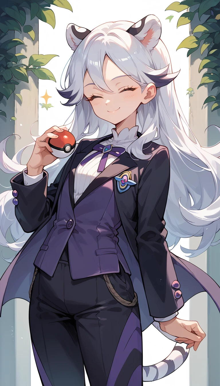 ((masterpiece)), 1girl, solo, long hair, white hair, pokemon suit, purple suit, black suit, multicolored suit, white tiger ears, white tiger tail, closed eyes, sly smile, holding pokeball, young, cute, very young. 