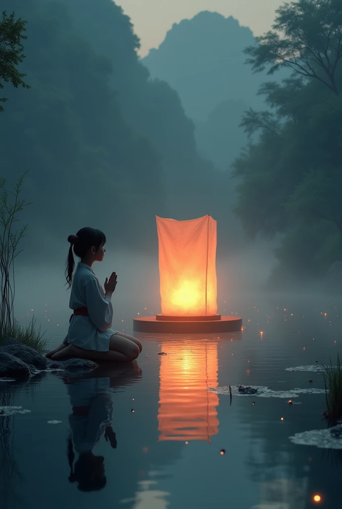 a lantern floating on the serene lake make reflection on the water, a girl kneel and pray facing the lantern, quit and peaceful nuance