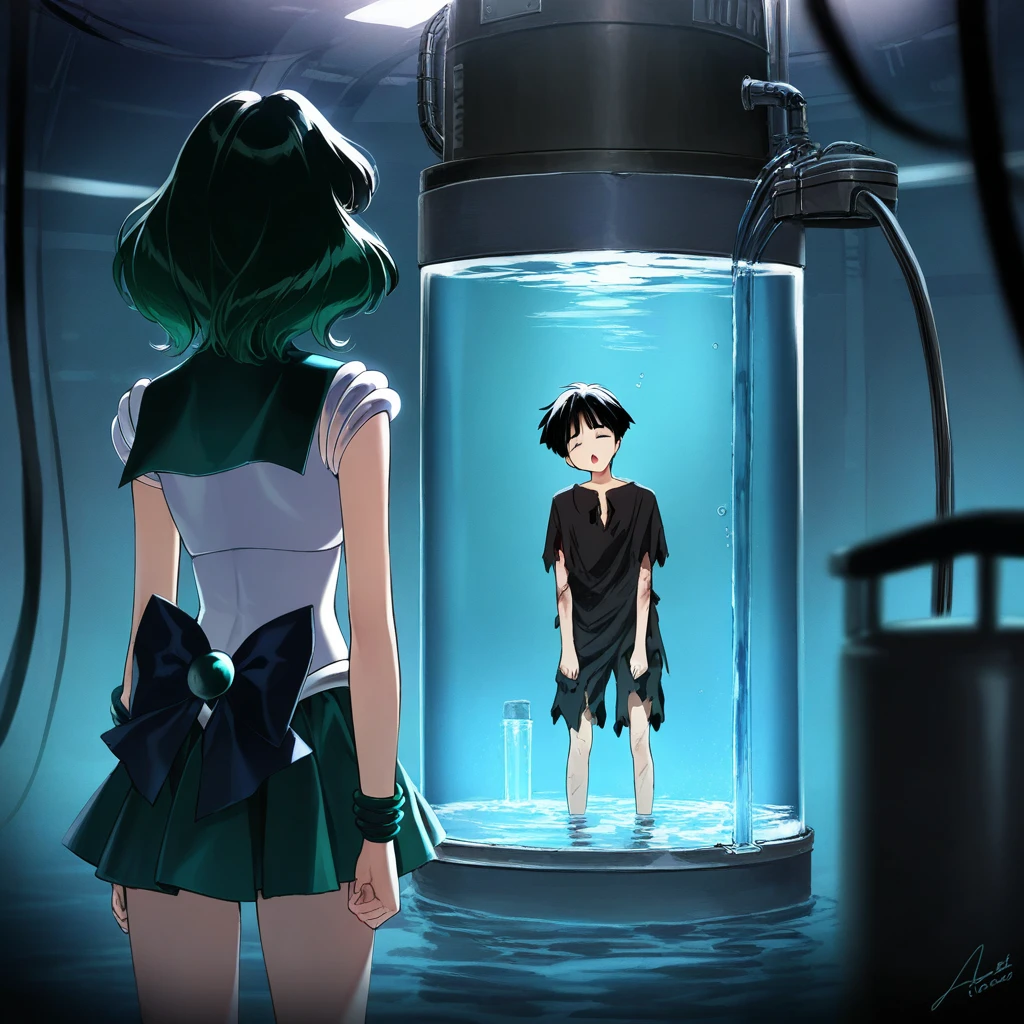 2 persons, ****ung black hair boy standing and facing away, watching water tank on background, 1 girl in water tank, sailor Neptune, closed eyes, :o, weak, head tilt, wounded, torn clothes:1.4, best quality,highres, sci-fi, cinematic composition, masterpiece, perfect shading, moody lighting, 1000+ bookmarks