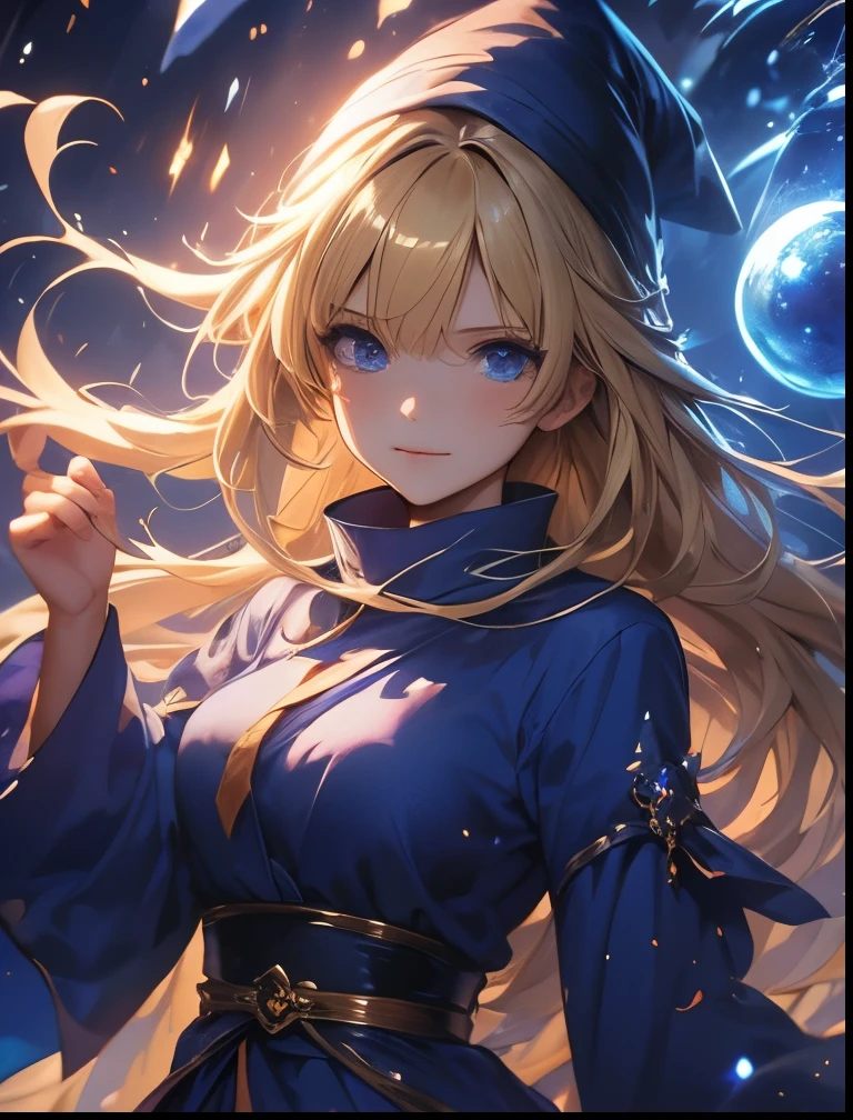 （（（ＳＦＷ、Precision、Highest quality、A first-class masterpiece、Normal body、8k、  Detailed Face 、Ultra-precision、 Normal hand、５refer to、Highest）））、Witch、Witch（Puyo Puyo）、adult、 Blonde Long Hair 、 Beautiful Girl、A blue mage robe that is torn to pieces and shows black underwear