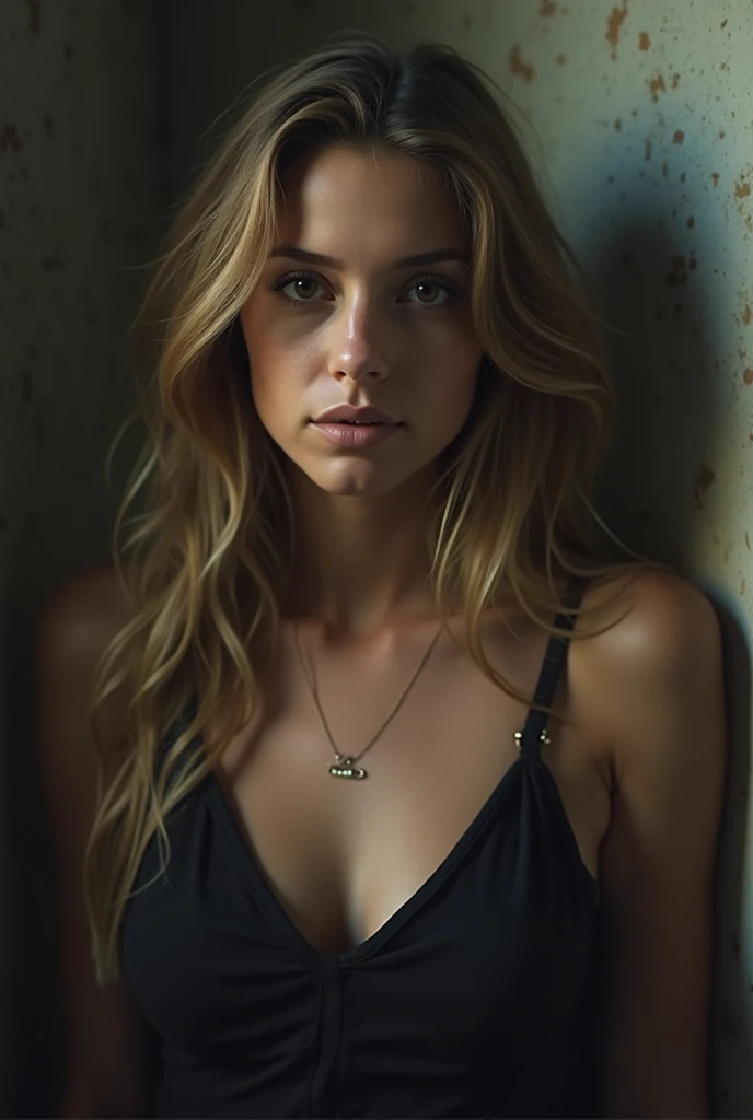 photo of julia roberts and katie holmes merged to a young teenage girl, topless, slave, on all fours, tied in a cage, a big iron chain around her neck, messy hair, looking wild