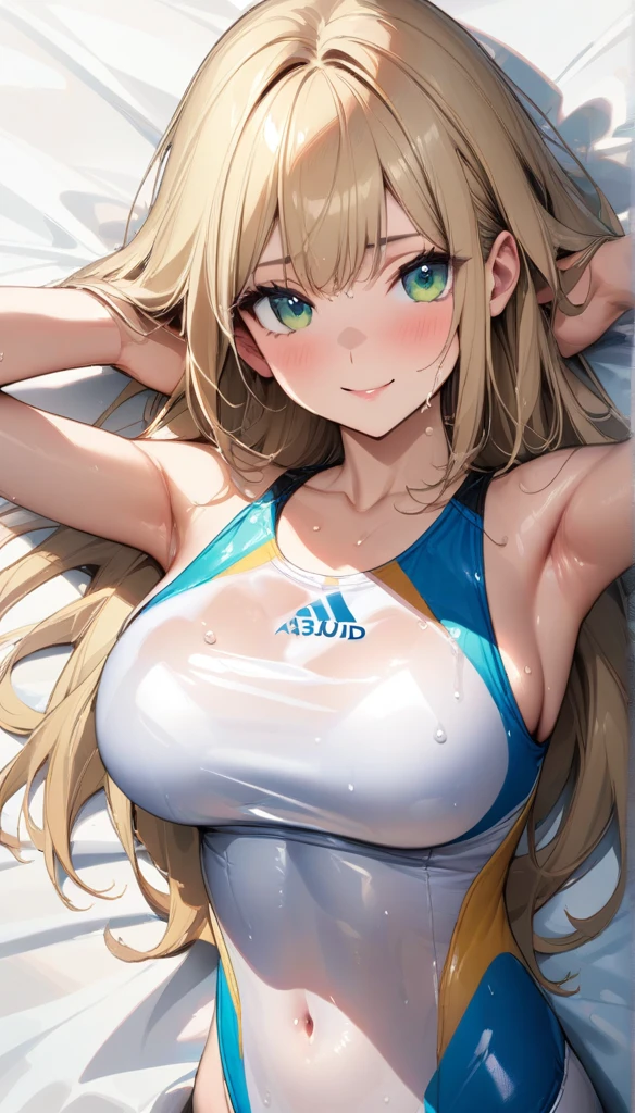 (masterpiece),( best quality),(Super detailed),(   Best Illustration ),( best shadow ),( absurd),(  so beautiful ),    1 girl , One person, smile,  big breasts at the temple,   staring at the viewer , Long Hair,( fits your body , competitive swimsuit,Wet with sweat, transparent ),( detailed background,One sided sheet ),Lie on your back on a sheet,I put my hands behind my head,(masterpiece, best quality:1.2),illustration,8k,HD,1girl,Alone,upper body,(portrait:1.2),Blonde_hair,long_hair,large_breasts,green_eyes,blue_eyes,