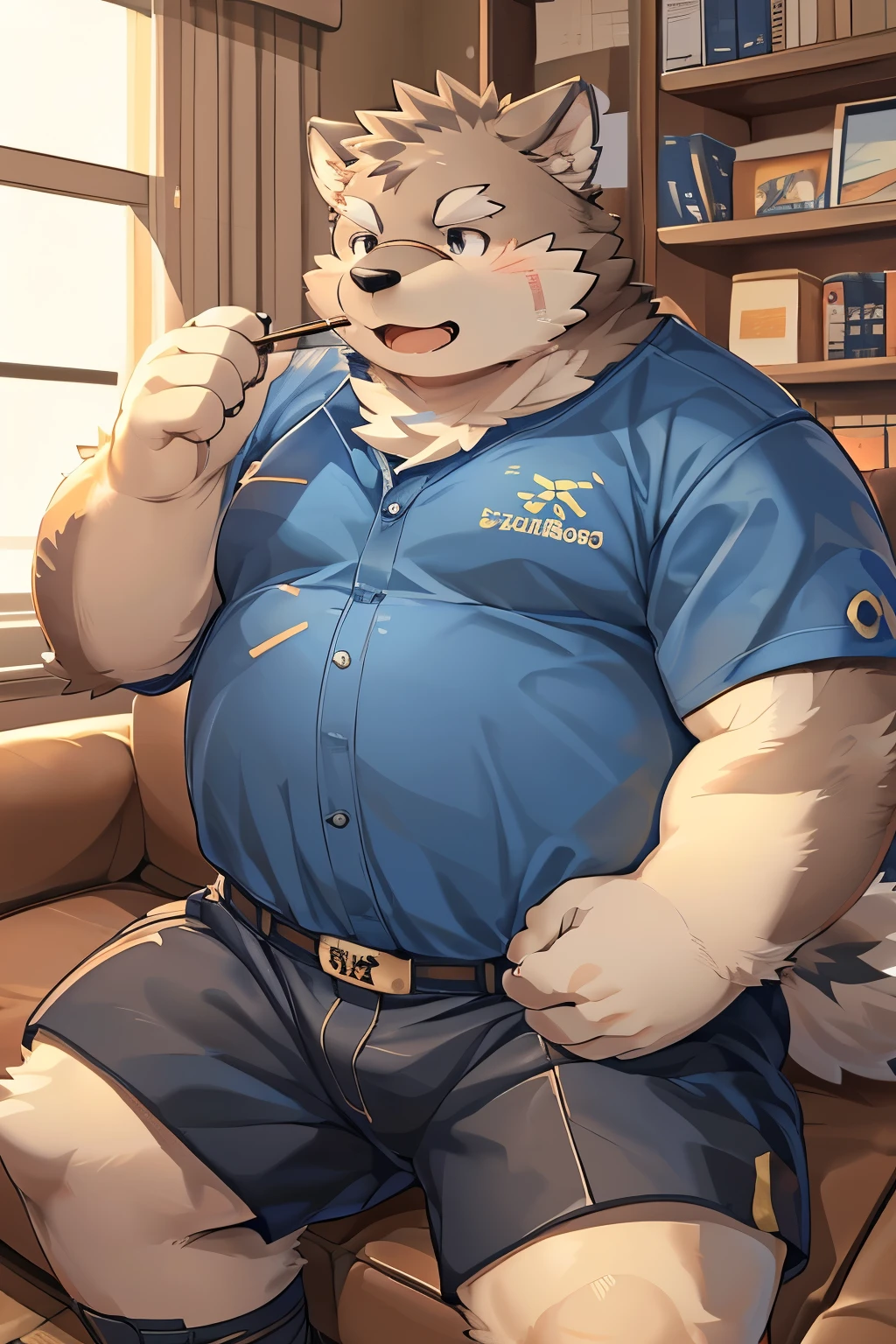 (Moritaka)( by Rusko :1.3),(by Mok_Nameko:1.2),( living room 、sofa),(by gammachaos:1.2),(by hyduyad14:1.2),(Author: ZIXiong:1.1),(by Takemoto Arashi ),(kemono:1.2),Fat,(chubby)Fat face,( cute t-shirt、 shorts)((Pocky on the mouth 、Suck Pocky))