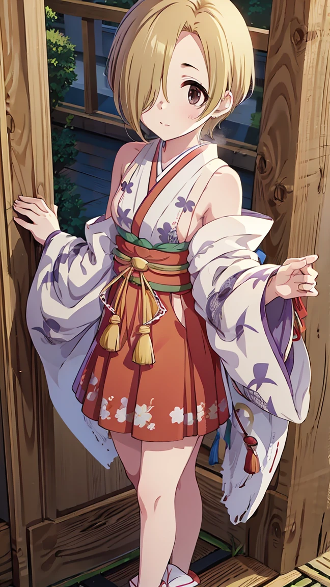 masterpiece, Best Quality,  Hi-Res,  very detailed,(((Shirasaka Koume))), ((( 1 girl))), (((solo))), (((Blonde))), (((Brown Hair))), ((( short hair))), ((( hair covering one eye ))), (((Shrine maiden))), (((kimono))), (((Sleeveless))), (((Hakama))), ((( short skirt ))), ((( bottomless))), ((( no panties))), (((Put money on your pussy ))), Front lining))), ((( standing on the veranda))), (((Streetscape))), 