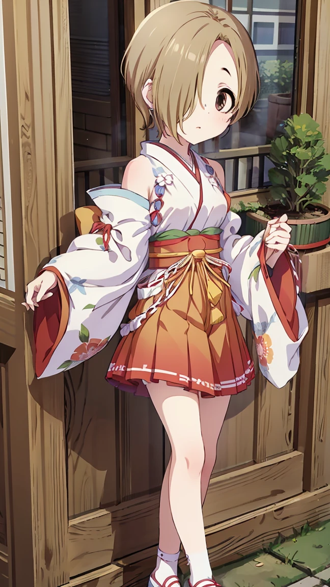 masterpiece, Best Quality,  Hi-Res,  very detailed,(((Shirasaka Koume))), ((( 1 girl))), (((solo))), (((Blonde))), (((Brown Hair))), ((( short hair))), ((( hair covering one eye ))), (((Shrine maiden))), (((kimono))), (((Sleeveless))), (((Hakama))), ((( short skirt ))), ((( bottomless))), ((( no panties))), (((Put money on your pussy ))), Front lining))), ((( standing on the veranda))), (((Streetscape))), 