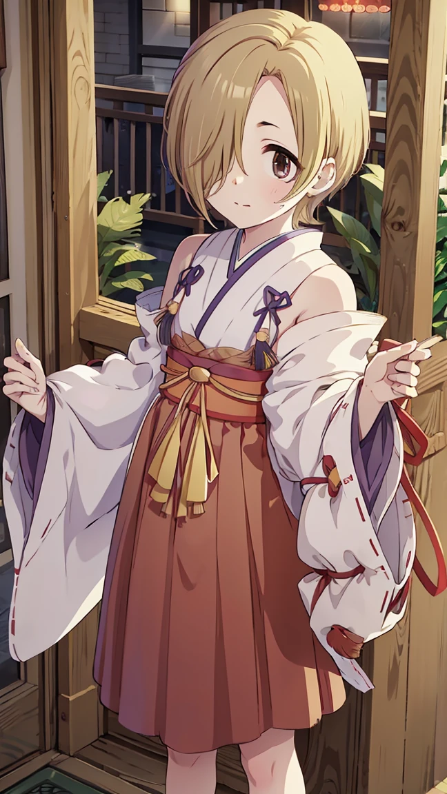 masterpiece, Best Quality,  Hi-Res,  very detailed,(((Shirasaka Koume))), ((( 1 girl))), (((solo))), (((Blonde))), (((Brown Hair))), ((( short hair))), ((( hair covering one eye ))), (((Shrine maiden))), (((kimono))), (((Sleeveless))), (((Hakama))), ((( short skirt ))), ((( bottomless))), ((( no panties))), (((Put money on your pussy ))), Front lining))), ((( standing on the veranda))), (((Streetscape))), 