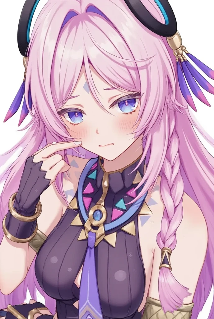 1girl,solo,reclining,expressionless,pink hair,parted bangs,very long hair,twin braids,(hair ornament),(facial mark),blue eyes,pink pupils,citlali official character costumes,large breasts,citlali,(facial mark),purple aura background