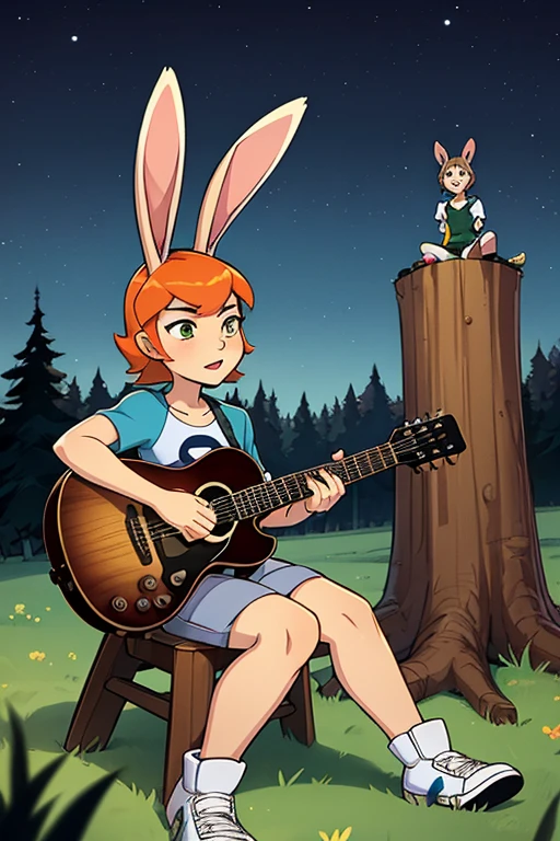 Male human amirhossein ajorloo and female furry sara rabbit mode of sit down in tree trunk in grass amirhossein ajorloo play guitar sing love for sara rabbit sara rabbit mode feel love look at amirhossein ajorloo night sky ben 10 style 